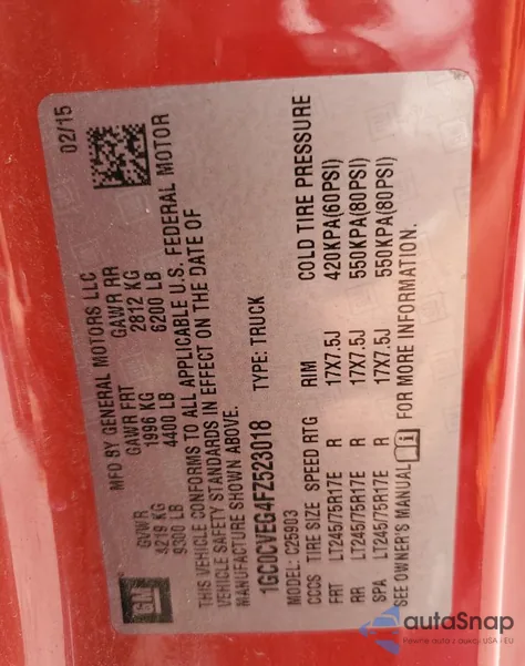 2015 Chevrolet Silverado C2500 Heavy Duty Lt from USA, damaged, VIN 1GC0CVEG4FZ523018